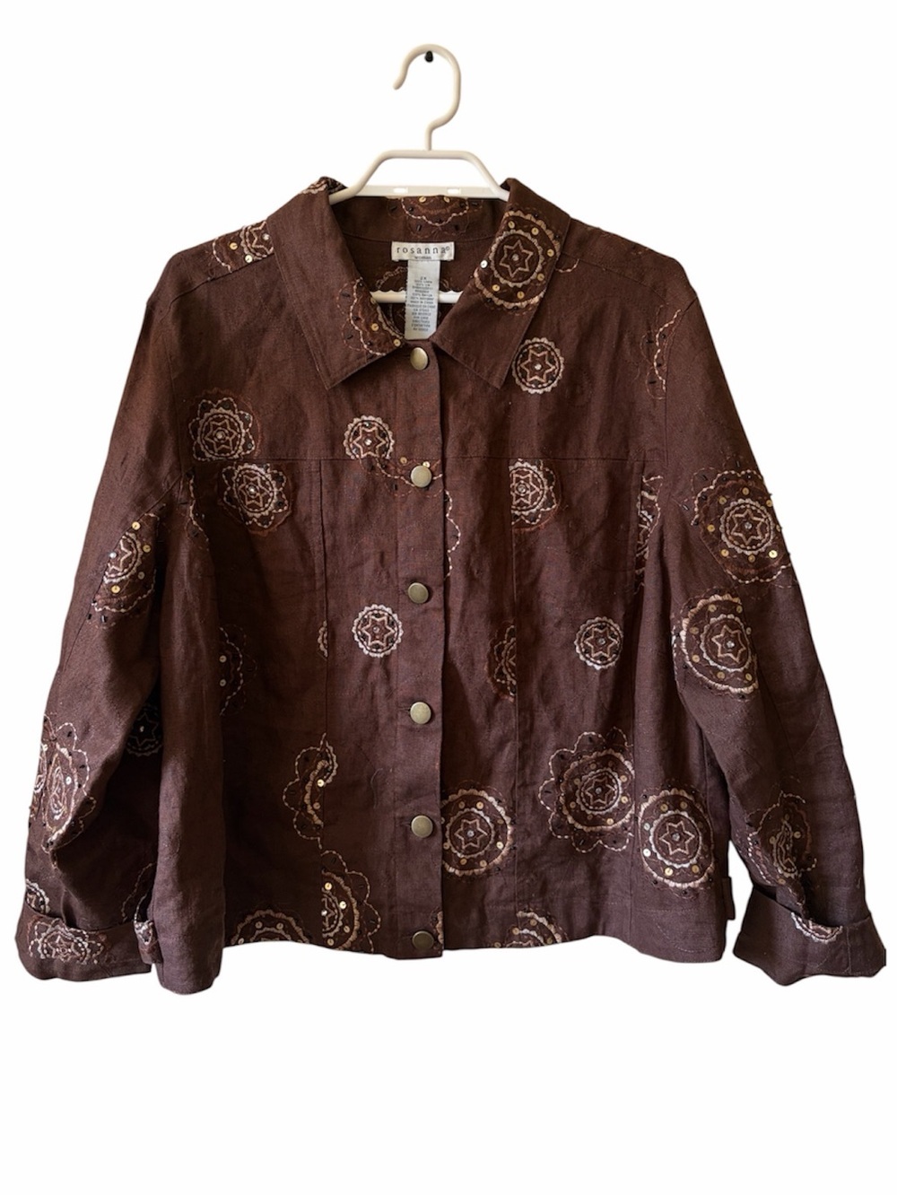 Rosanna Woman 2X 100% Linen Embroidered Shirt Jacket Brown Button Boho Plus Size
